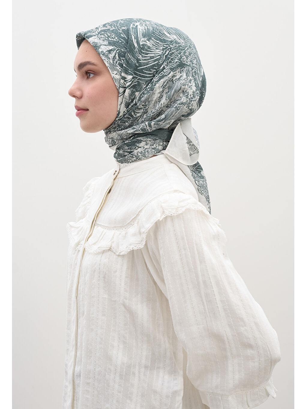 Secret Elegance Desen Pamuklu Viskon Eşarp Petrol-3