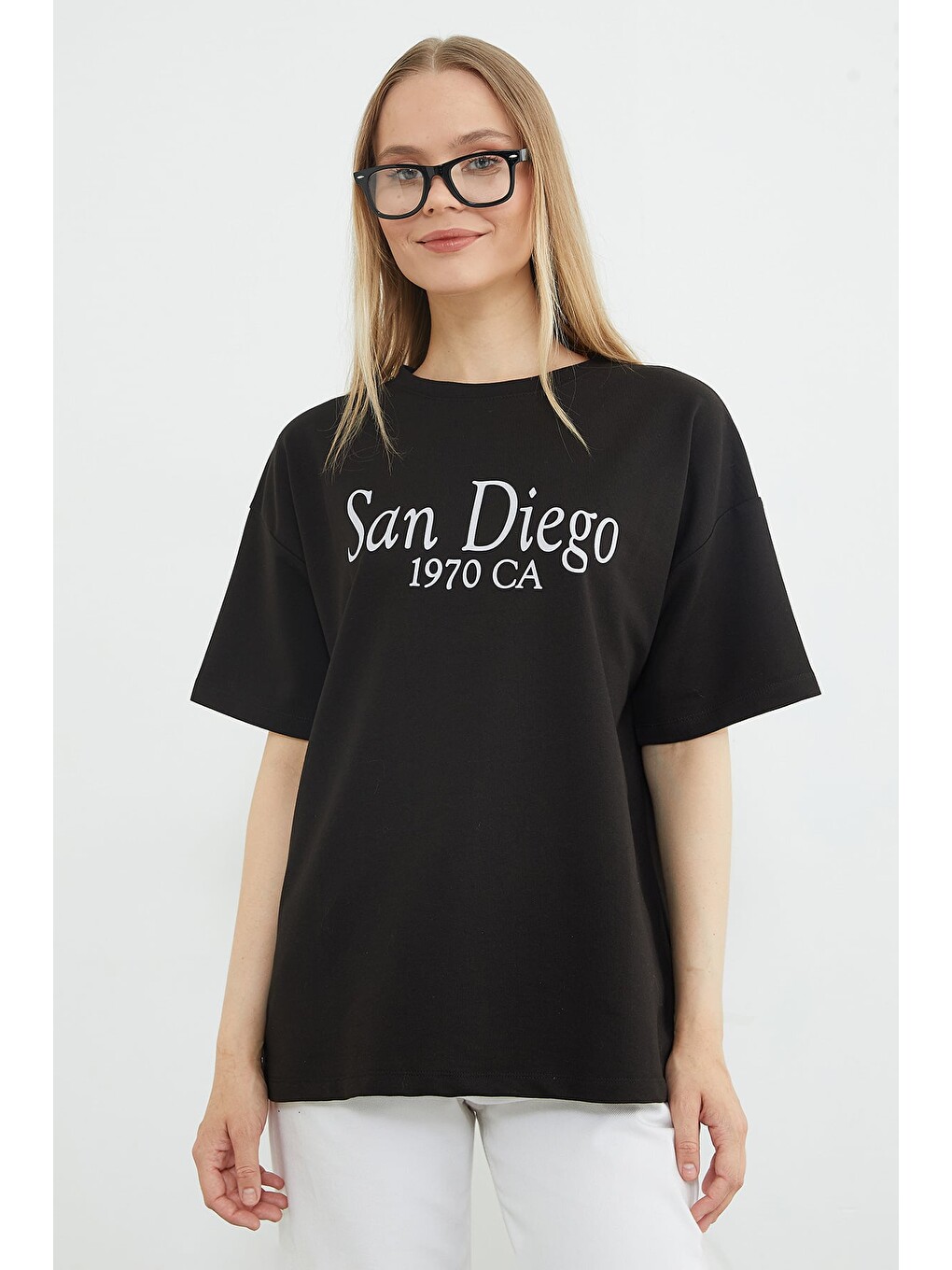 Siyah San Diego Baskılı Oversize Tişört