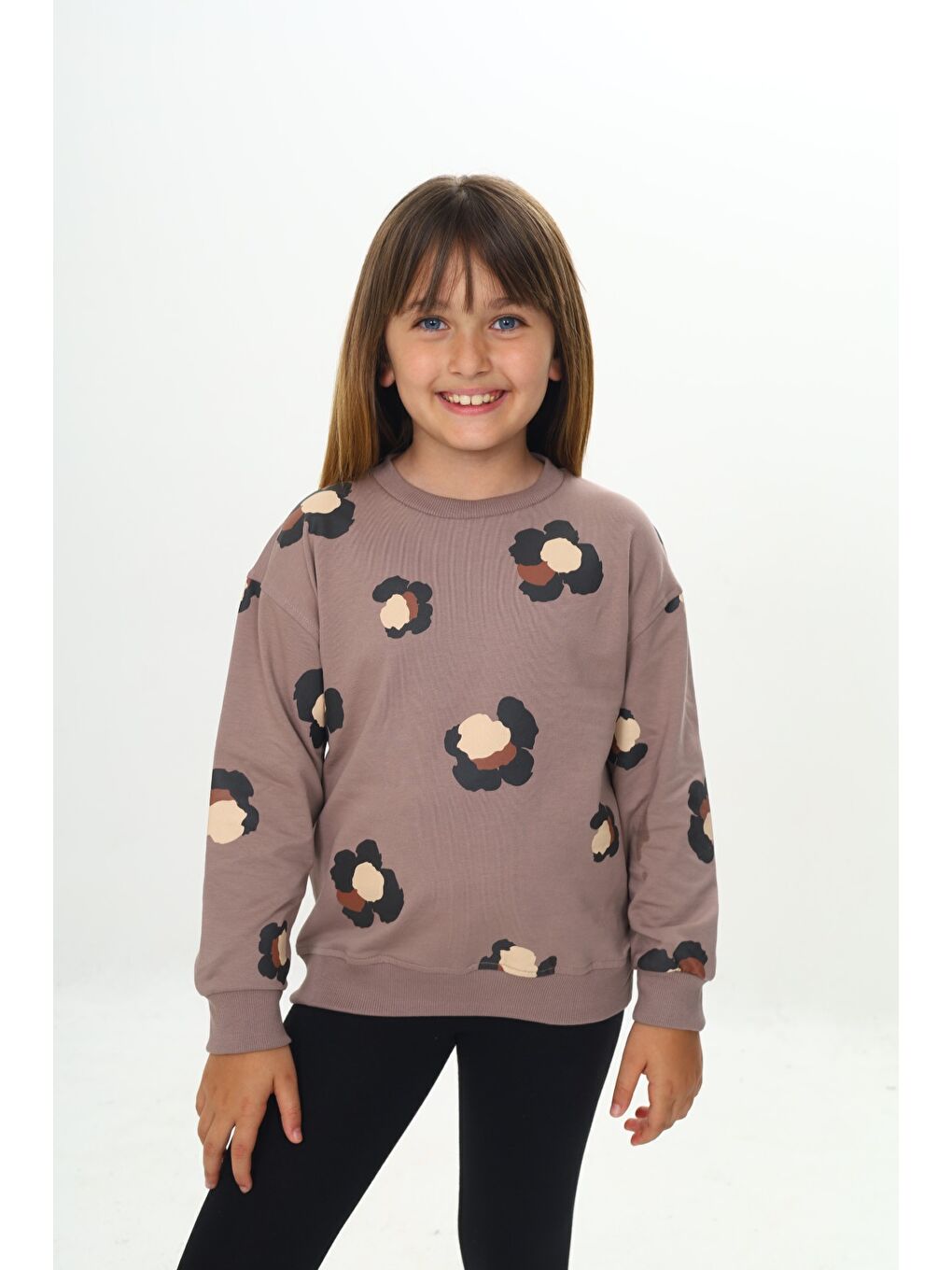Kahverengi Kız Çocuk Pano Baskılı Sweatshirt