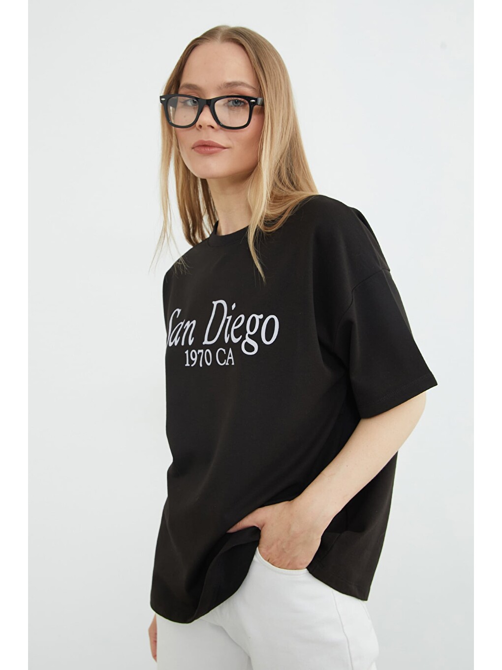 Siyah San Diego Baskılı Oversize Tişört-2