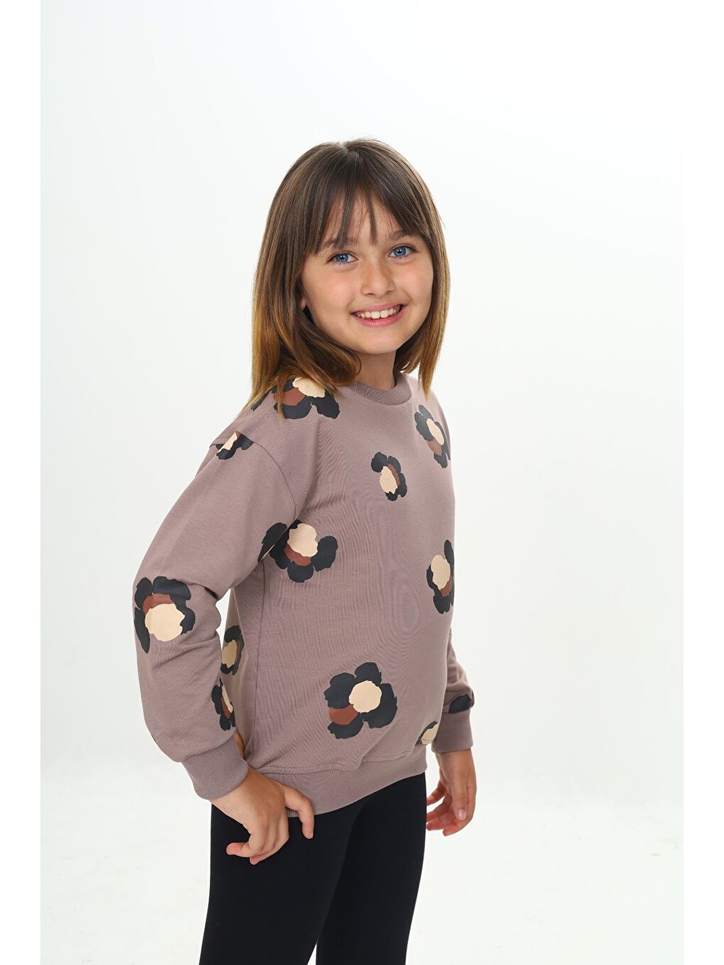 Kahverengi Kız Çocuk Pano Baskılı Sweatshirt-1