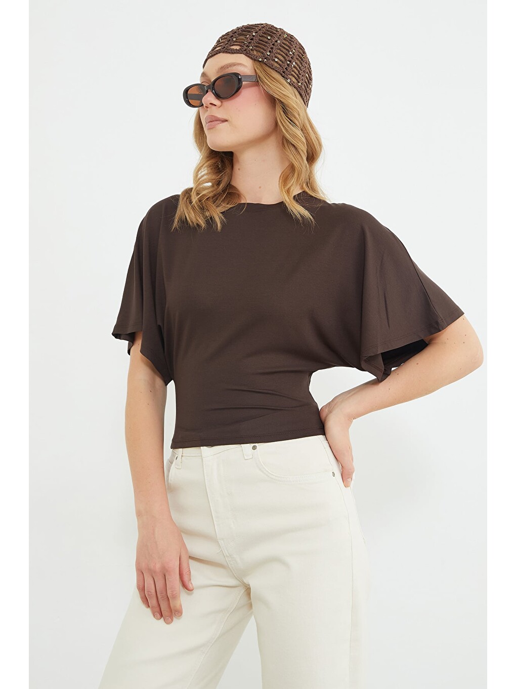 Kahverengi Yarasa Kol Bisiklet Yaka Crop Bluz-4