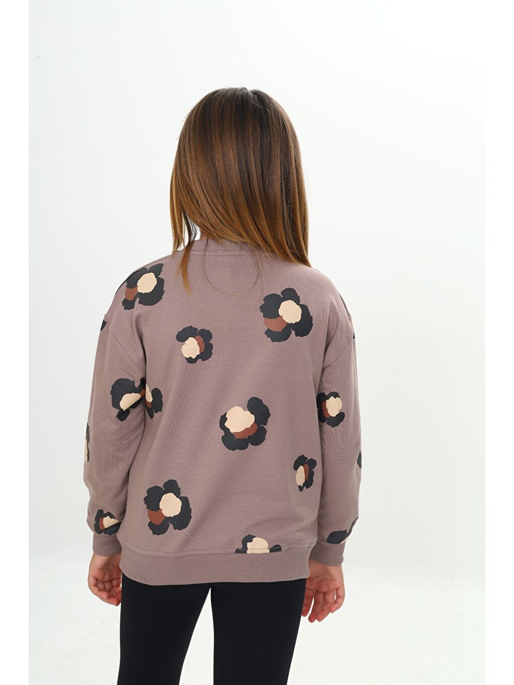 Kahverengi Kız Çocuk Pano Baskılı Sweatshirt-2