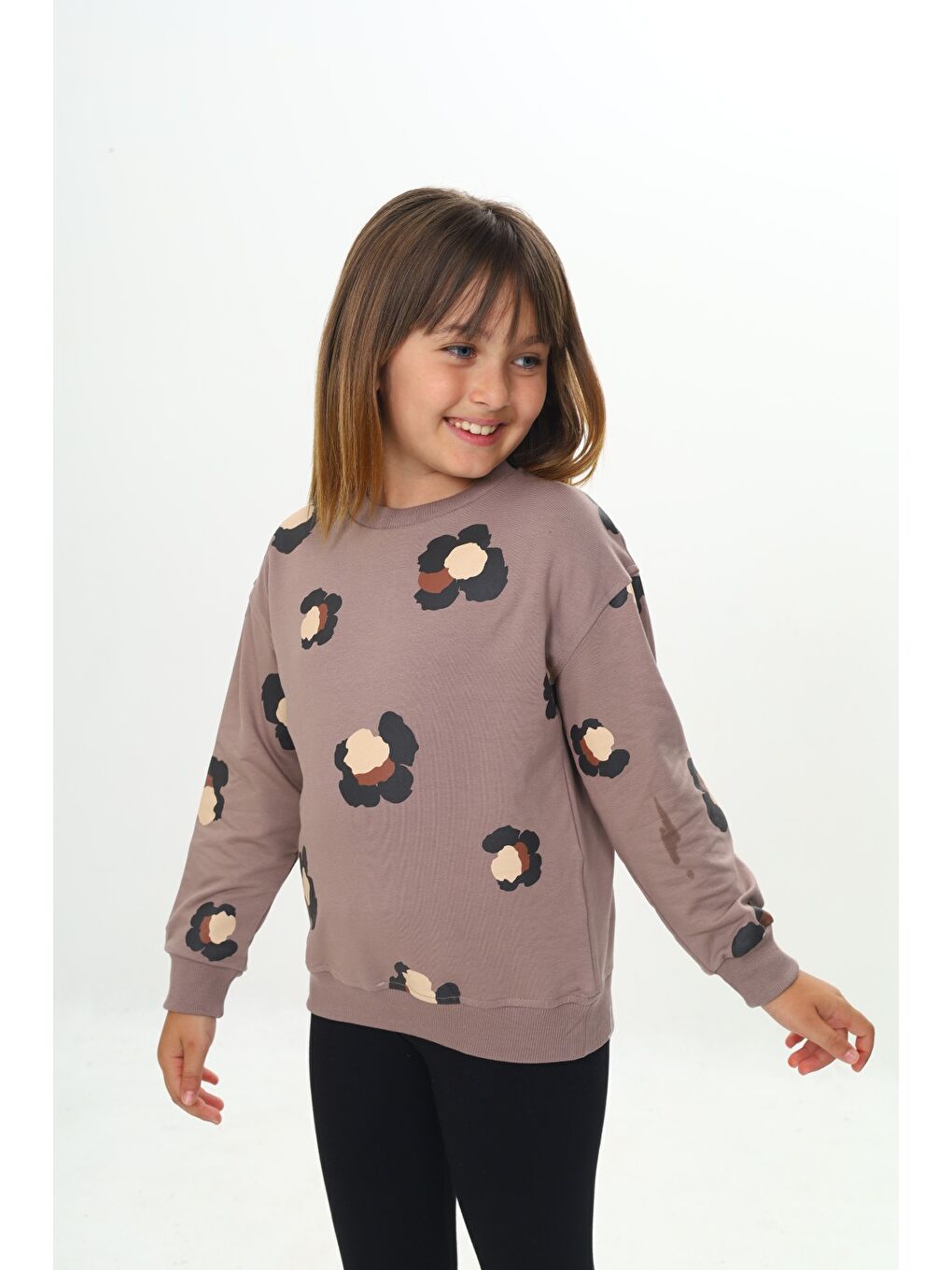 Kahverengi Kız Çocuk Pano Baskılı Sweatshirt-3