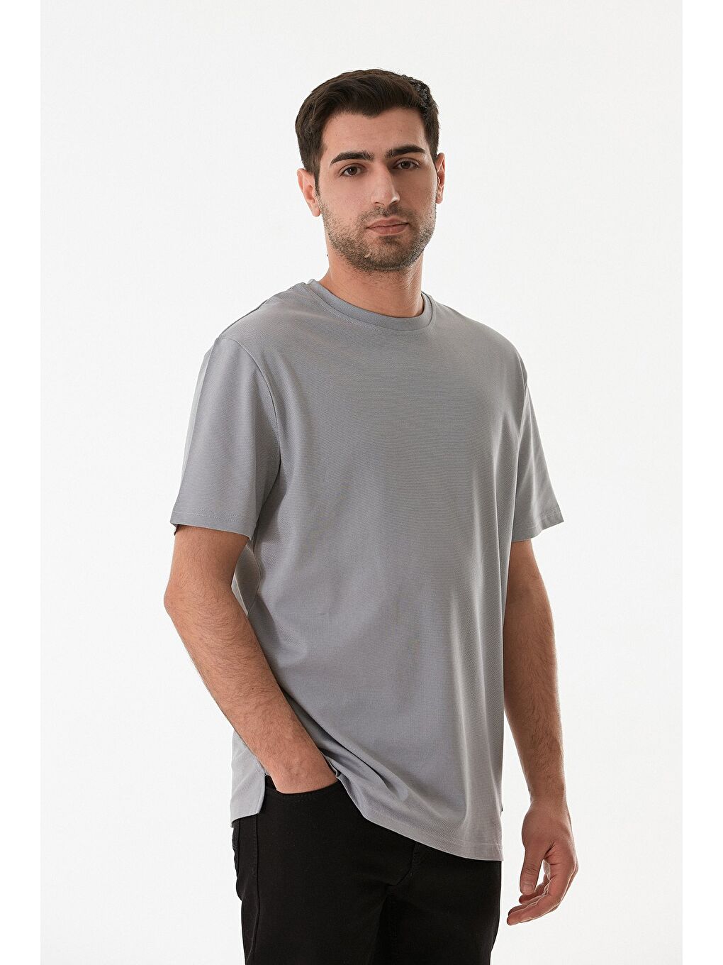 Gri Basic Süprem Kumaş Bisiklet Yaka Tişört