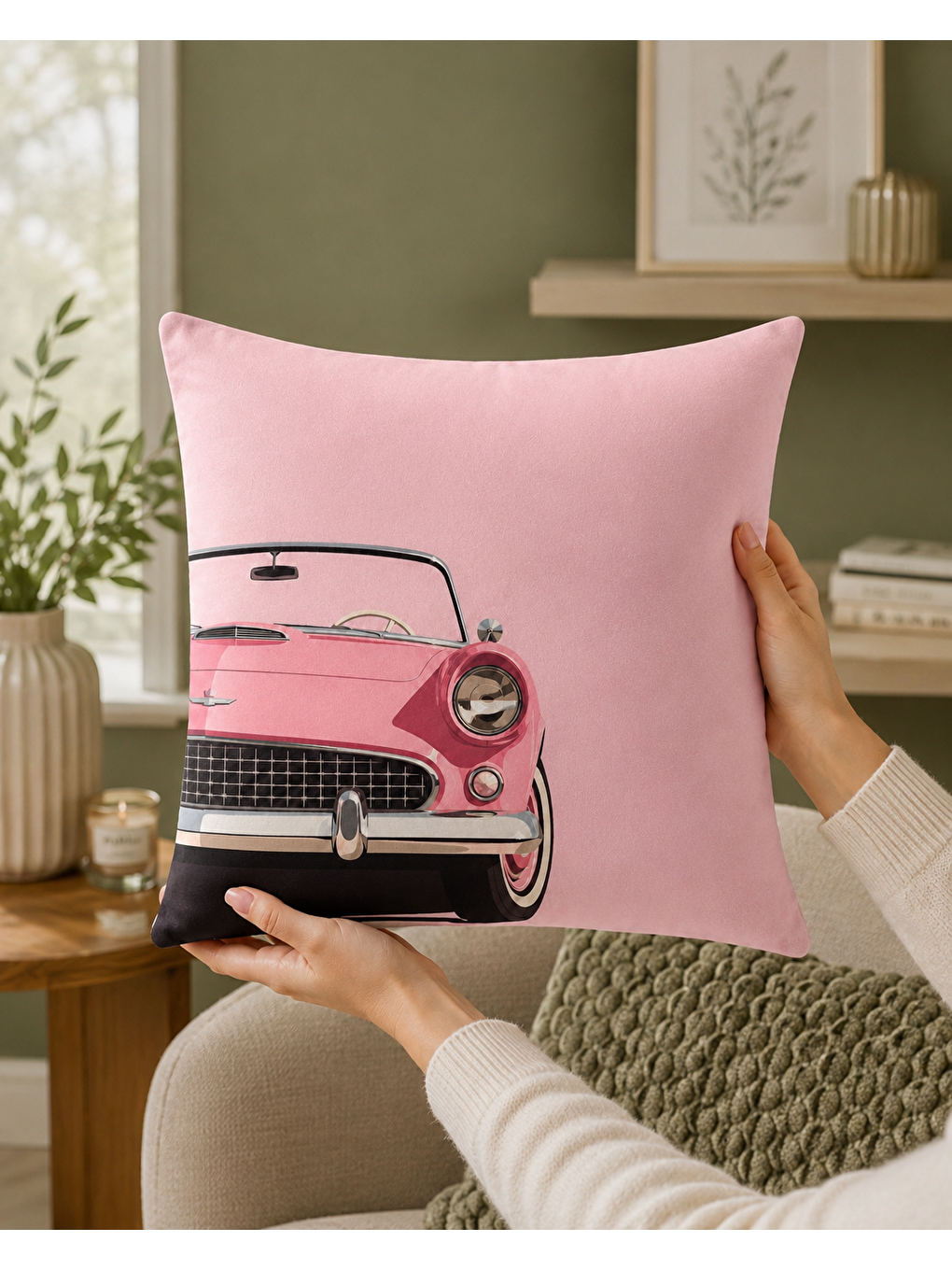 Vintage Pembe Otomobil Baskılı Dekoratif Kırlent Kılıfı 43x43 Cm Retro Salon Dekoru-5