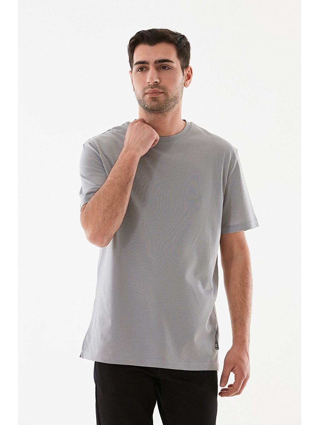 Gri Basic Süprem Kumaş Bisiklet Yaka Tişört-3