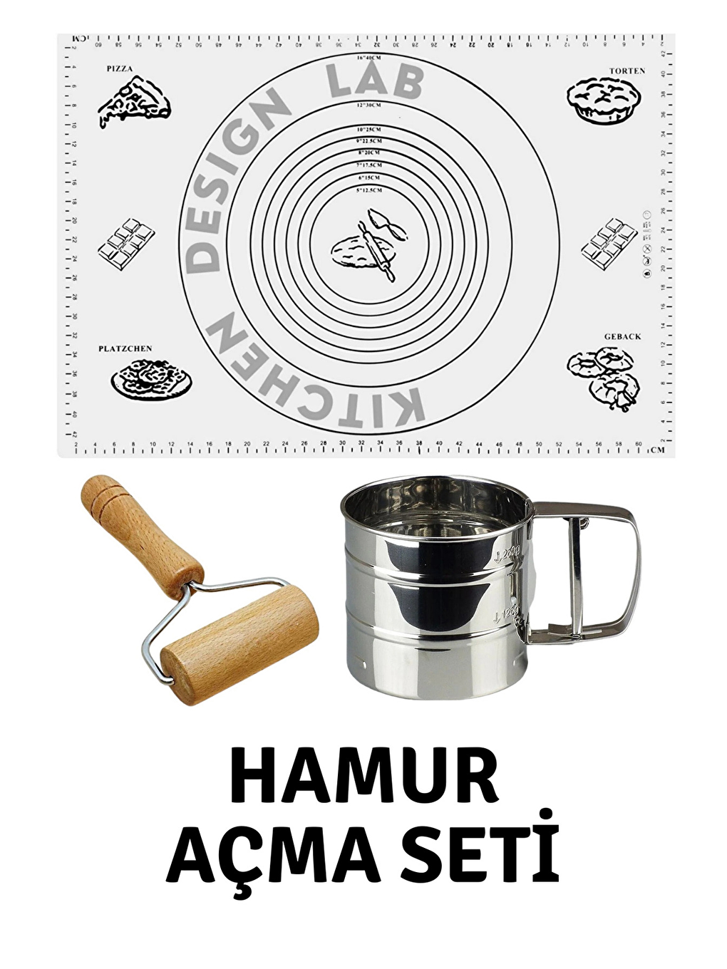 Beyaz 45x65 Cm Silikon Hamur Açma Matı, Çelik Un Eleği ve Ahşap Saplı Hamur Açıcı