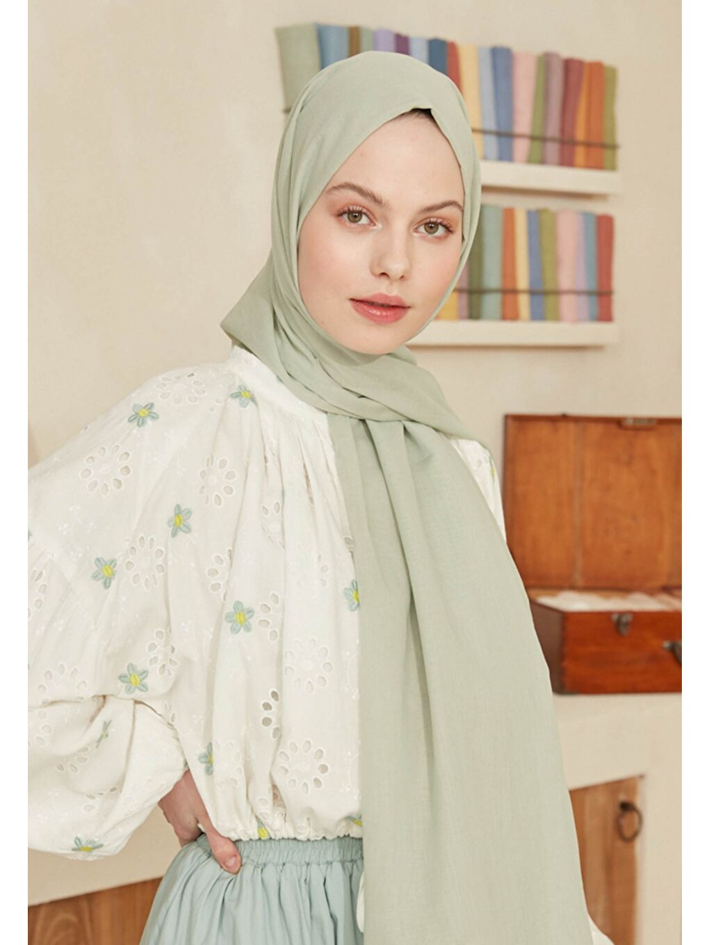 Yeşil İnce Pamuk Vual Şal Deniz Köpüğü-2