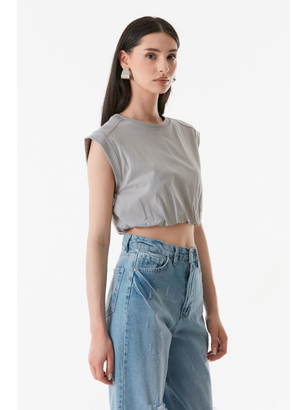 Fullamoda Gri Basic Beli Büzgülü Crop Tişört - 4