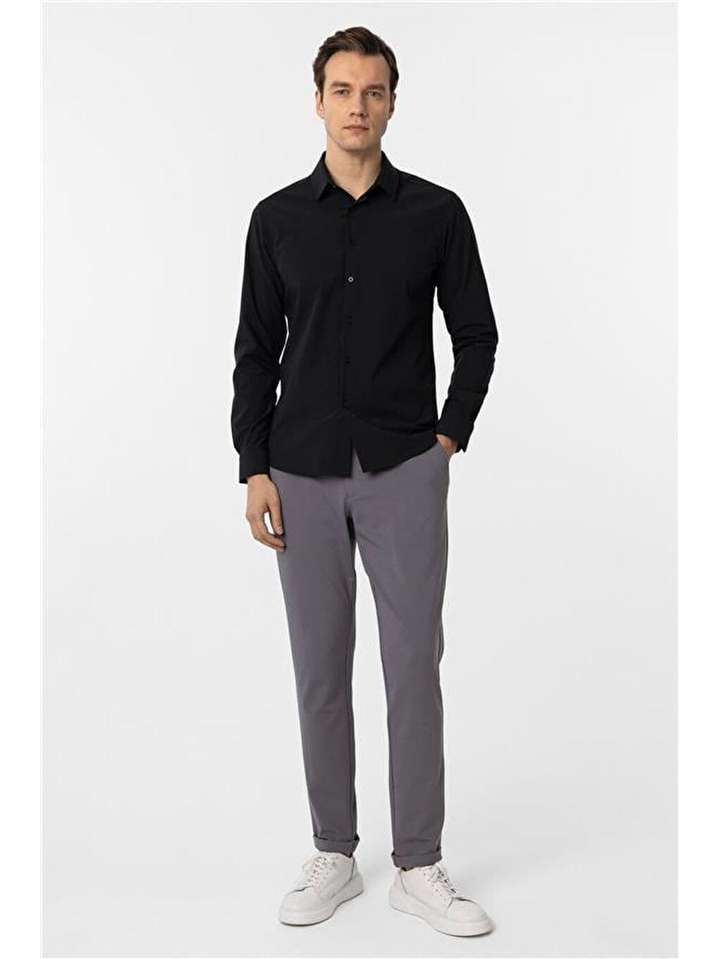Siyah Slim Düz Klasik Yaka Gömlek