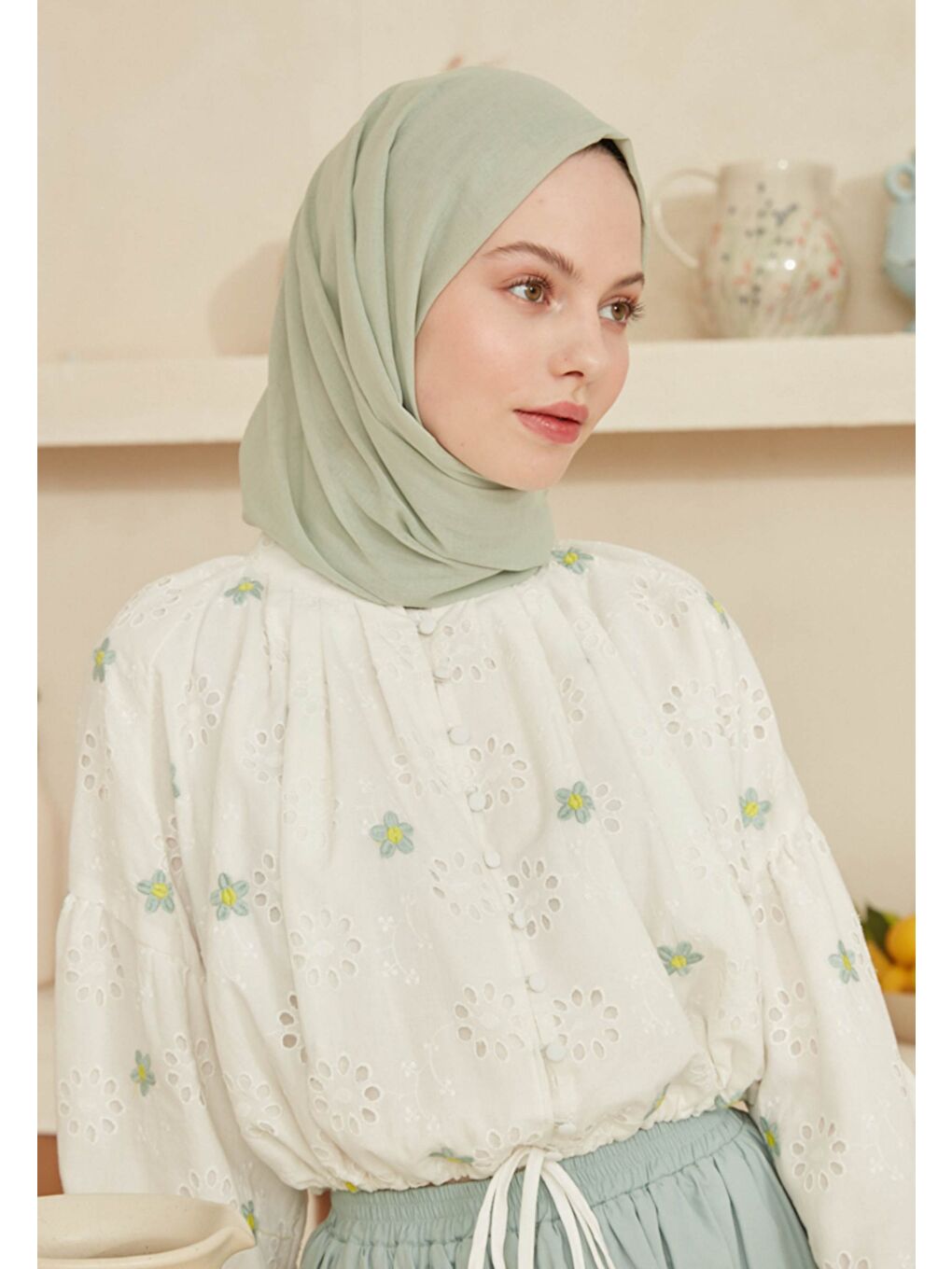 Yeşil İnce Pamuk Vual Şal Deniz Köpüğü-3