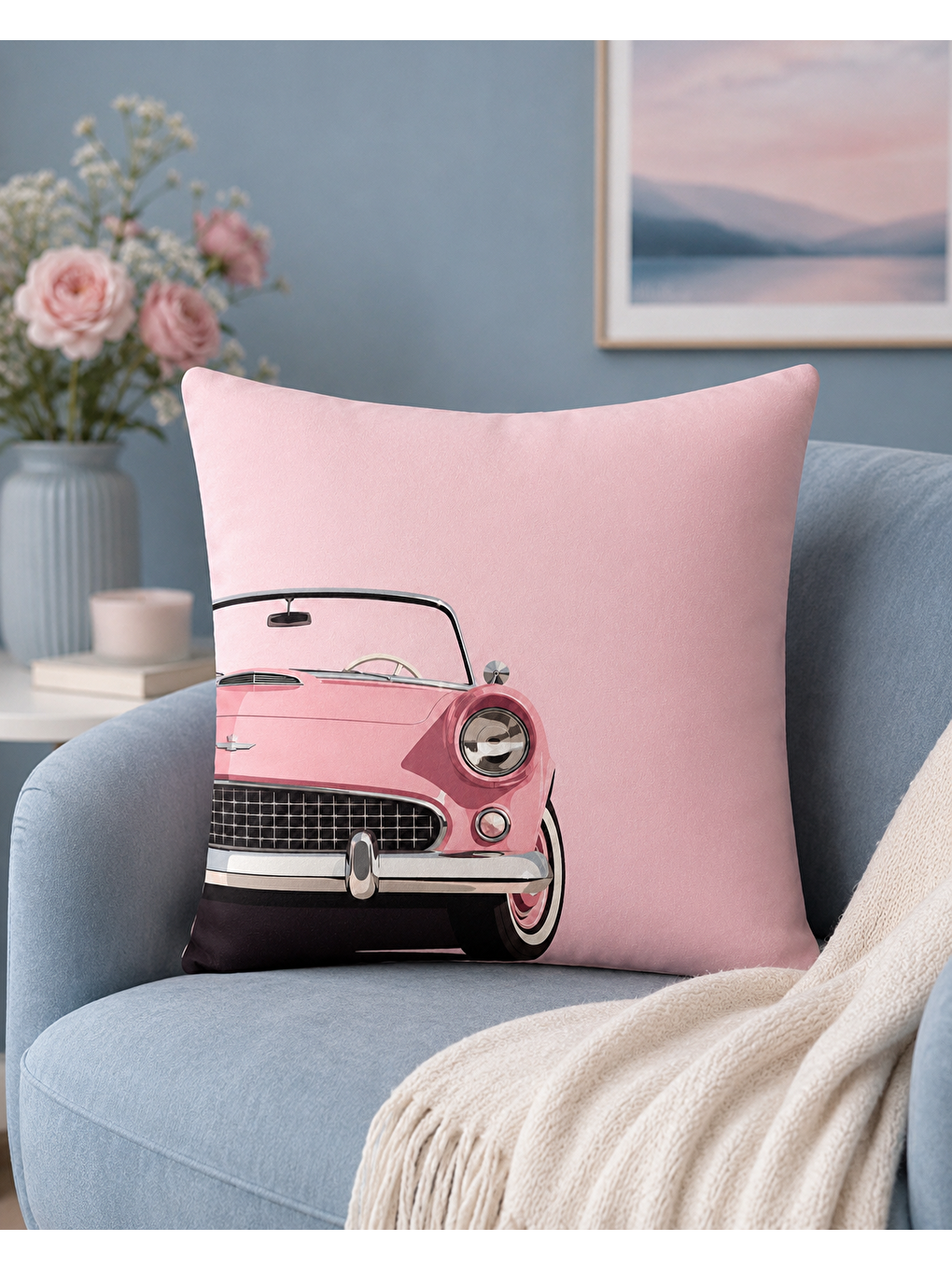 Vintage Pembe Otomobil Baskılı Dekoratif Kırlent Kılıfı 43x43 Cm Retro Salon Dekoru-6