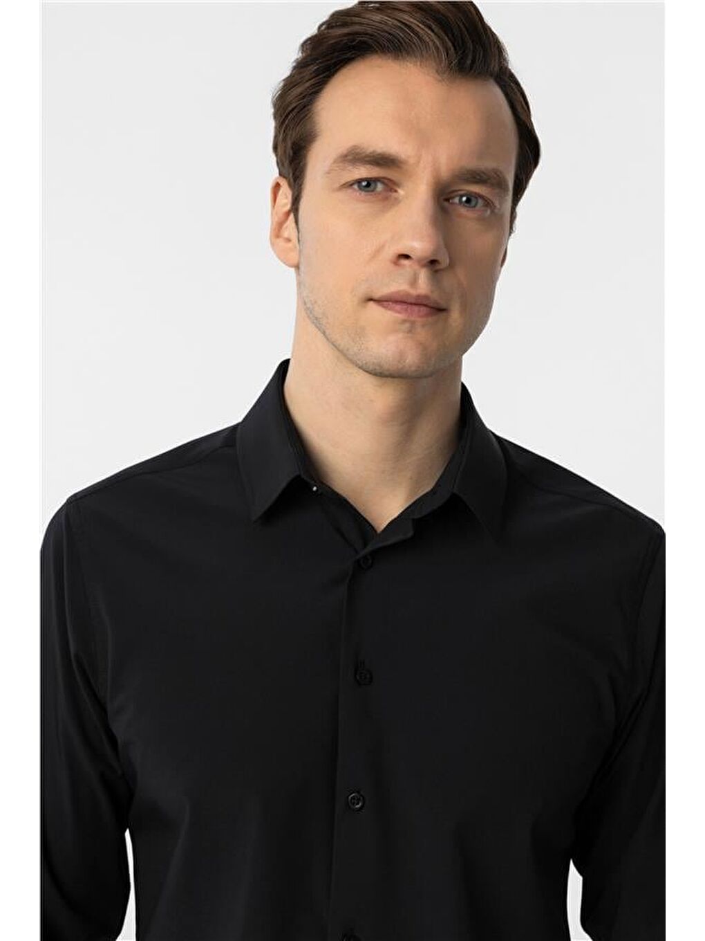 Siyah Slim Düz Klasik Yaka Gömlek-3