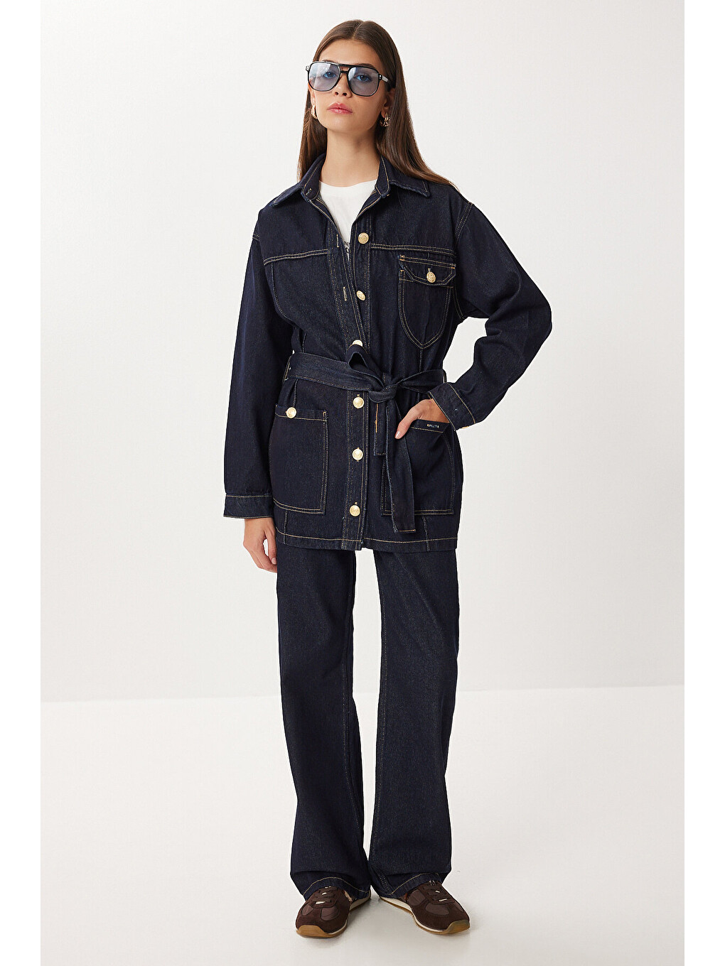 Mavi Gold Düğmeli Kuşaklı Denim Ceket Pantolon Takım KOYU MAVİ LRI0010
