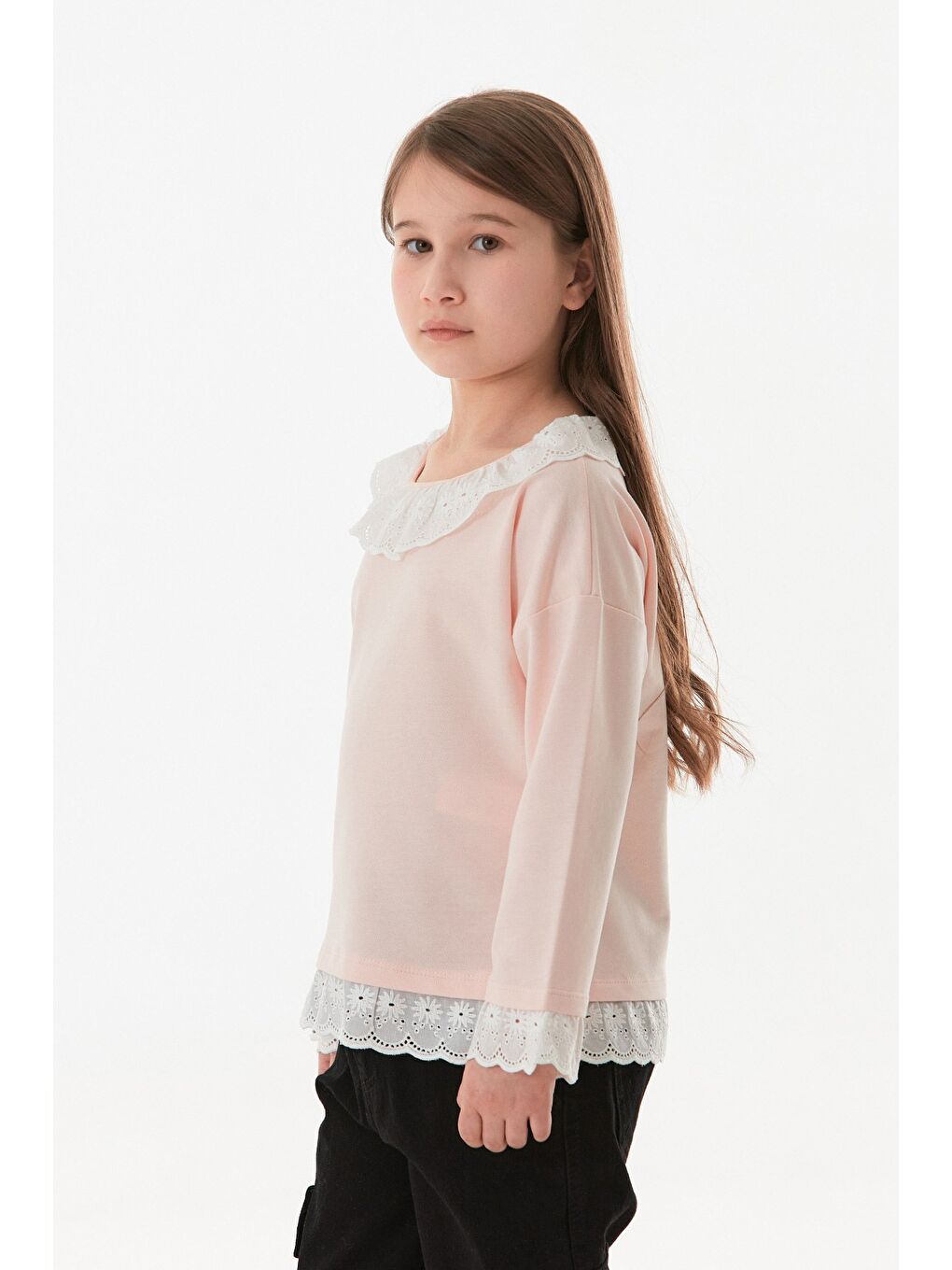 Pembe Kolu Ve Yakası Dantelli Bebe Yaka Kız Çocuk Bluz-1