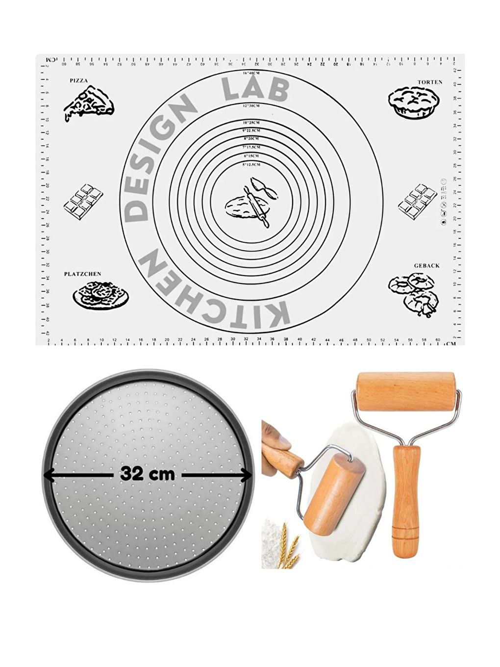 Beyaz Silikon Hamur Açma Matı 45 X 65 Cm, 32 Cm Pizza Tepsisi Ve Ahşap Saplı Hamur Açıcı