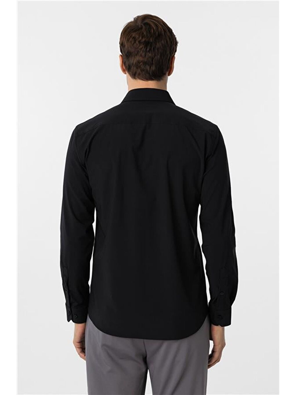Siyah Slim Düz Klasik Yaka Gömlek-4