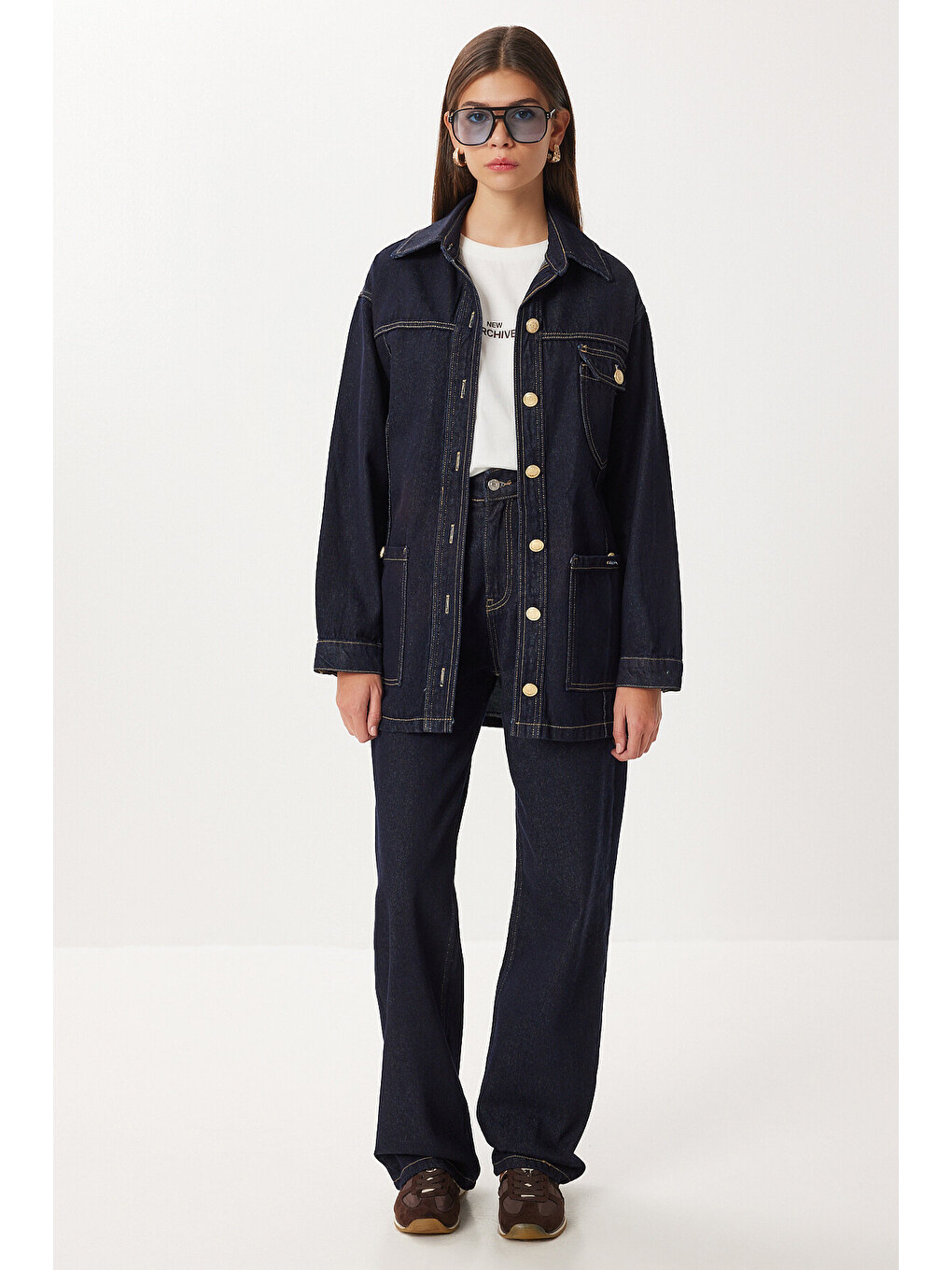 Mavi Gold Düğmeli Kuşaklı Denim Ceket Pantolon Takım KOYU MAVİ LRI0010-1