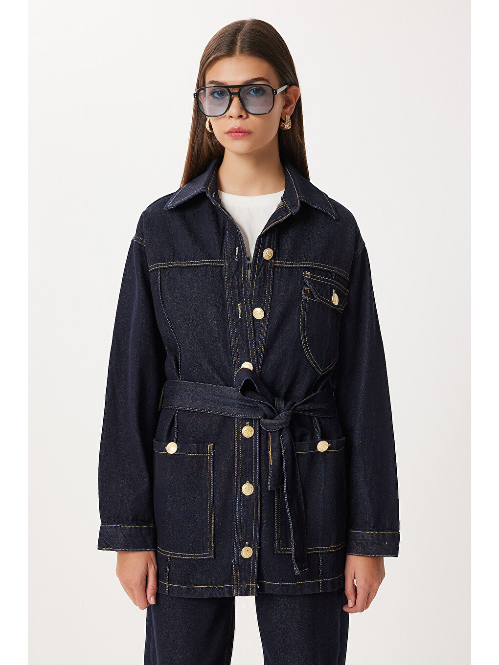 Mavi Gold Düğmeli Kuşaklı Denim Ceket Pantolon Takım KOYU MAVİ LRI0010-2