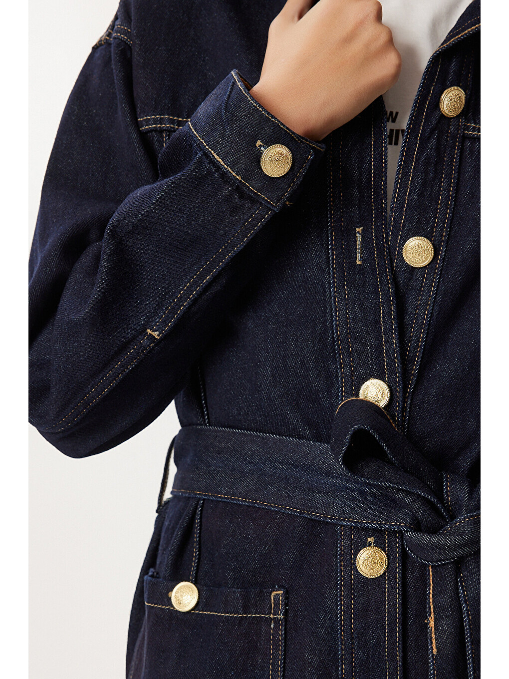 Mavi Gold Düğmeli Kuşaklı Denim Ceket Pantolon Takım KOYU MAVİ LRI0010-3