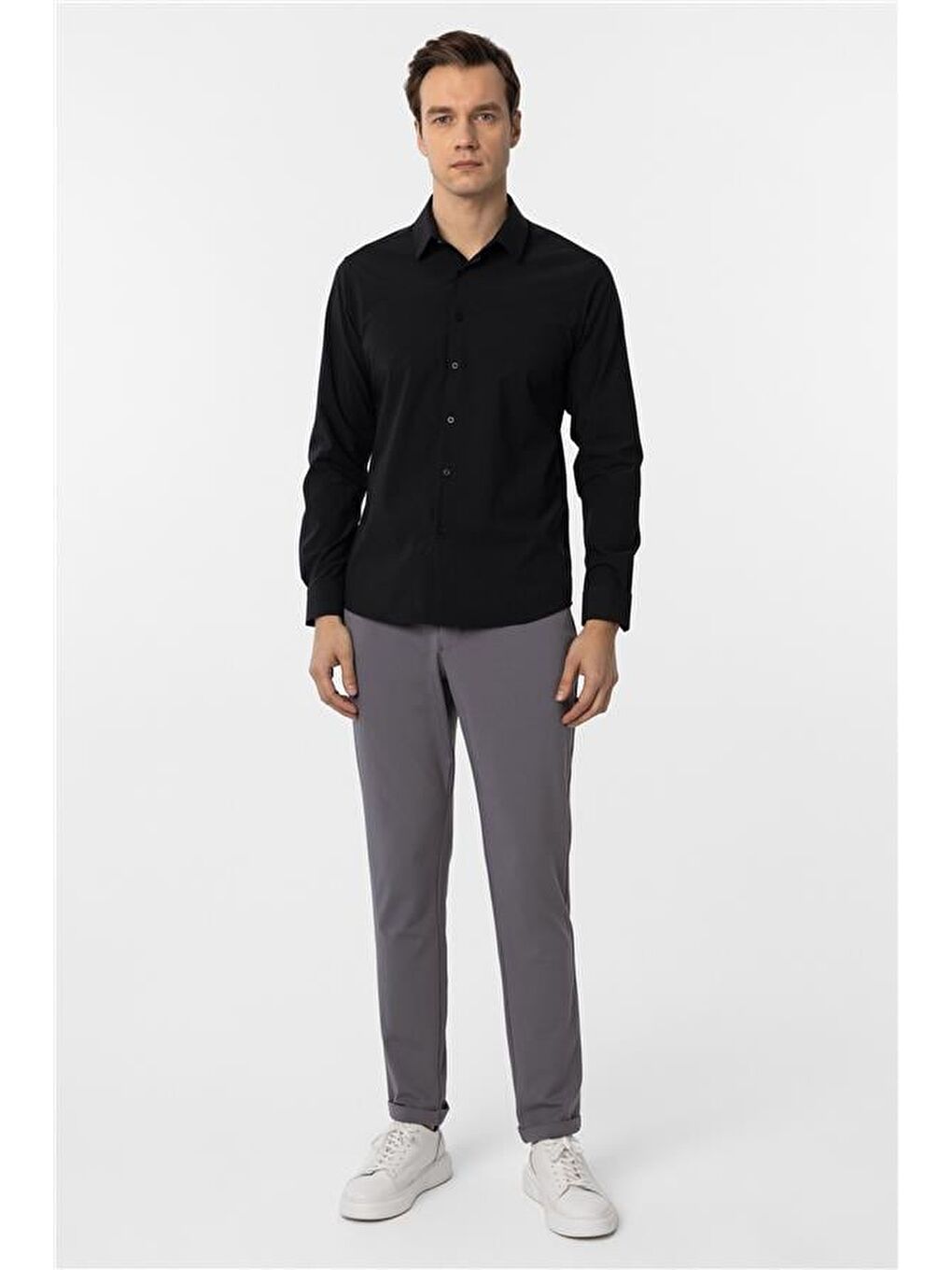 Siyah Slim Düz Klasik Yaka Gömlek-5