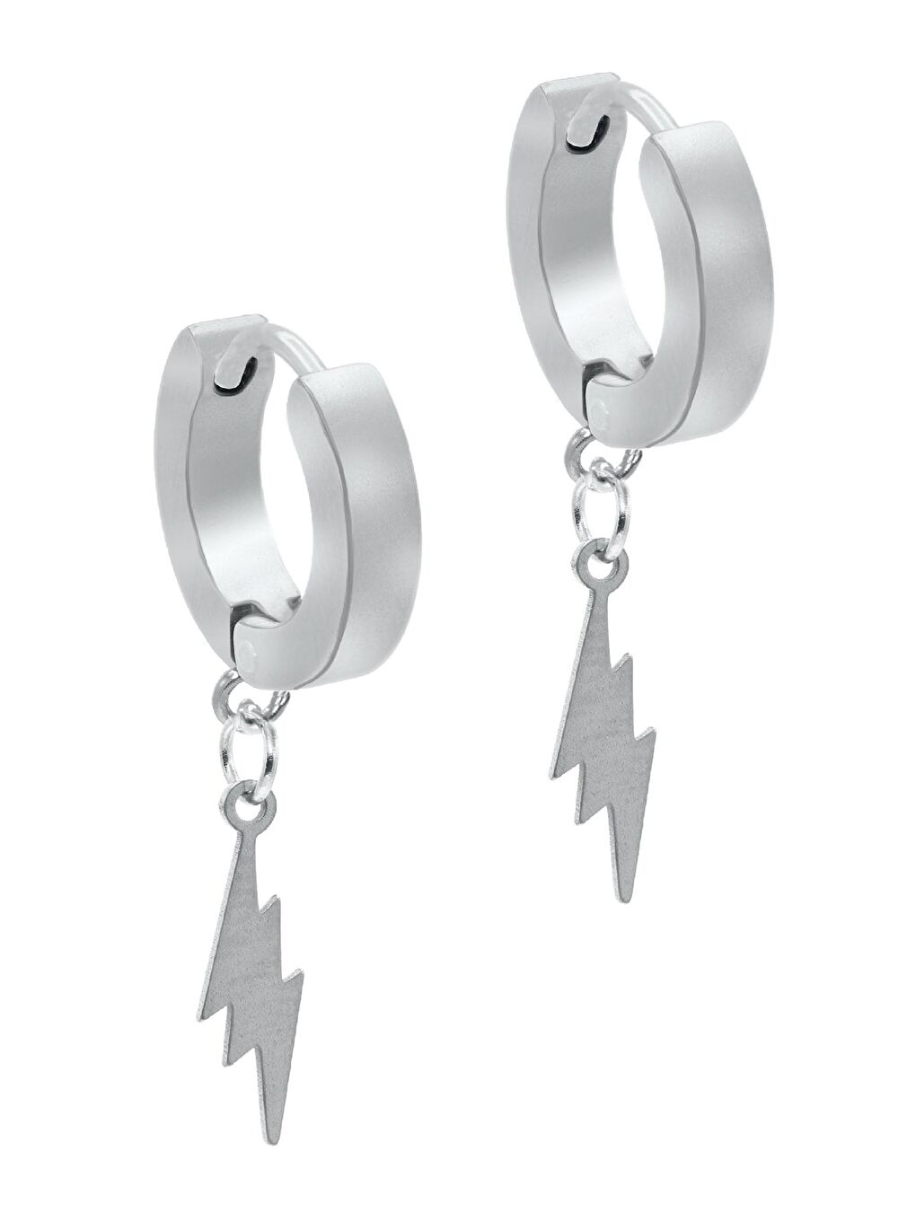 Gri Erkek Gümüş Renk Sallantılı Şimşek Objeli Çelik Küpe-1