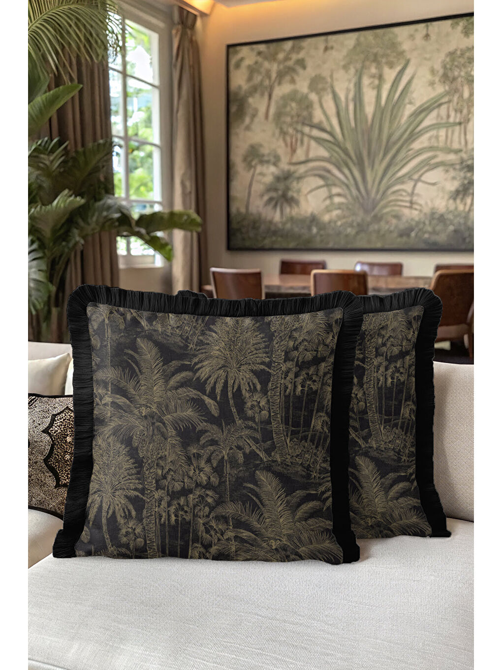 Karışık Palmiye Elegan Saçaklı Yastık Kılıfı - Tropikal Lüks Bohem Siyah Altın Renk Püsküllü Kırlent Kılıfı-5