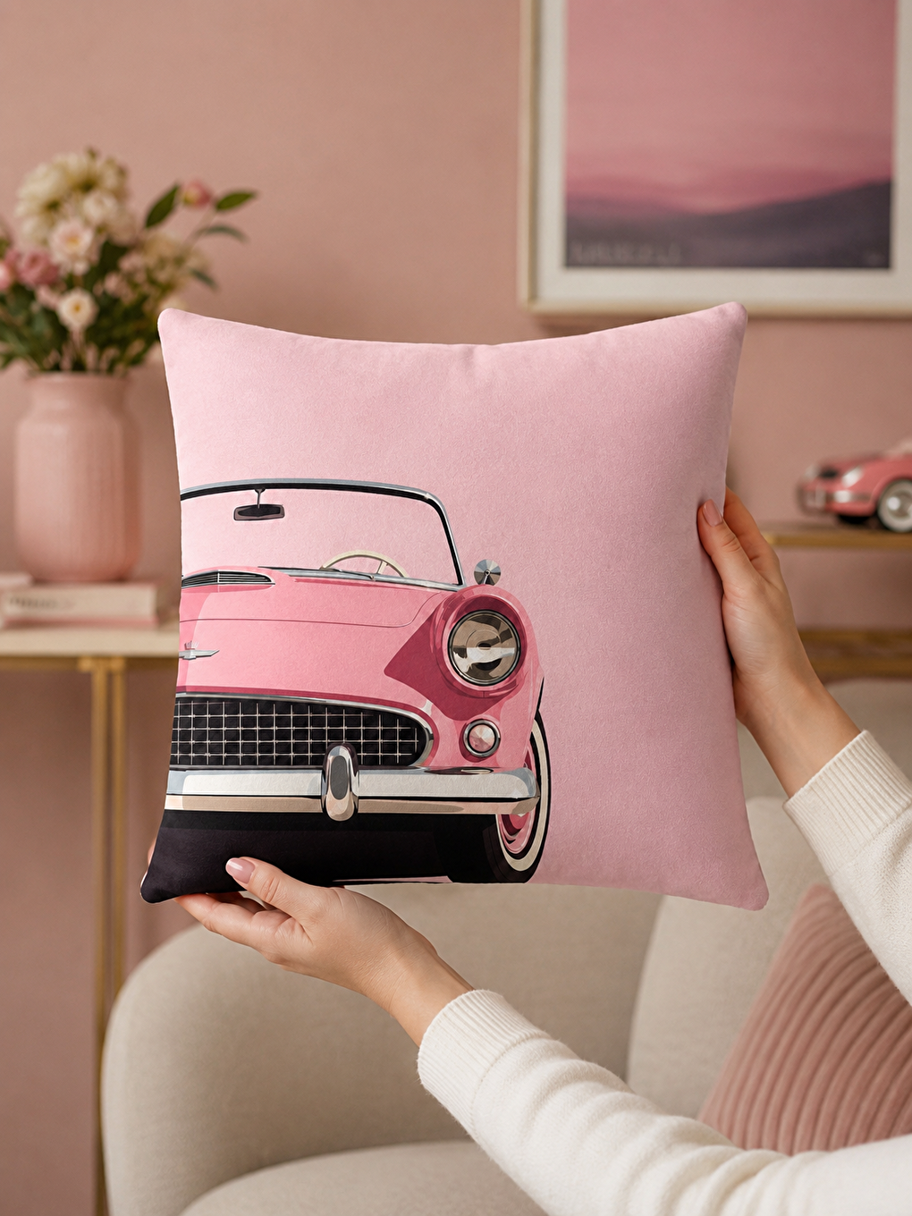Vintage Pembe Otomobil Baskılı Dekoratif Kırlent Kılıfı 43x43 Cm Retro Salon Dekoru-7