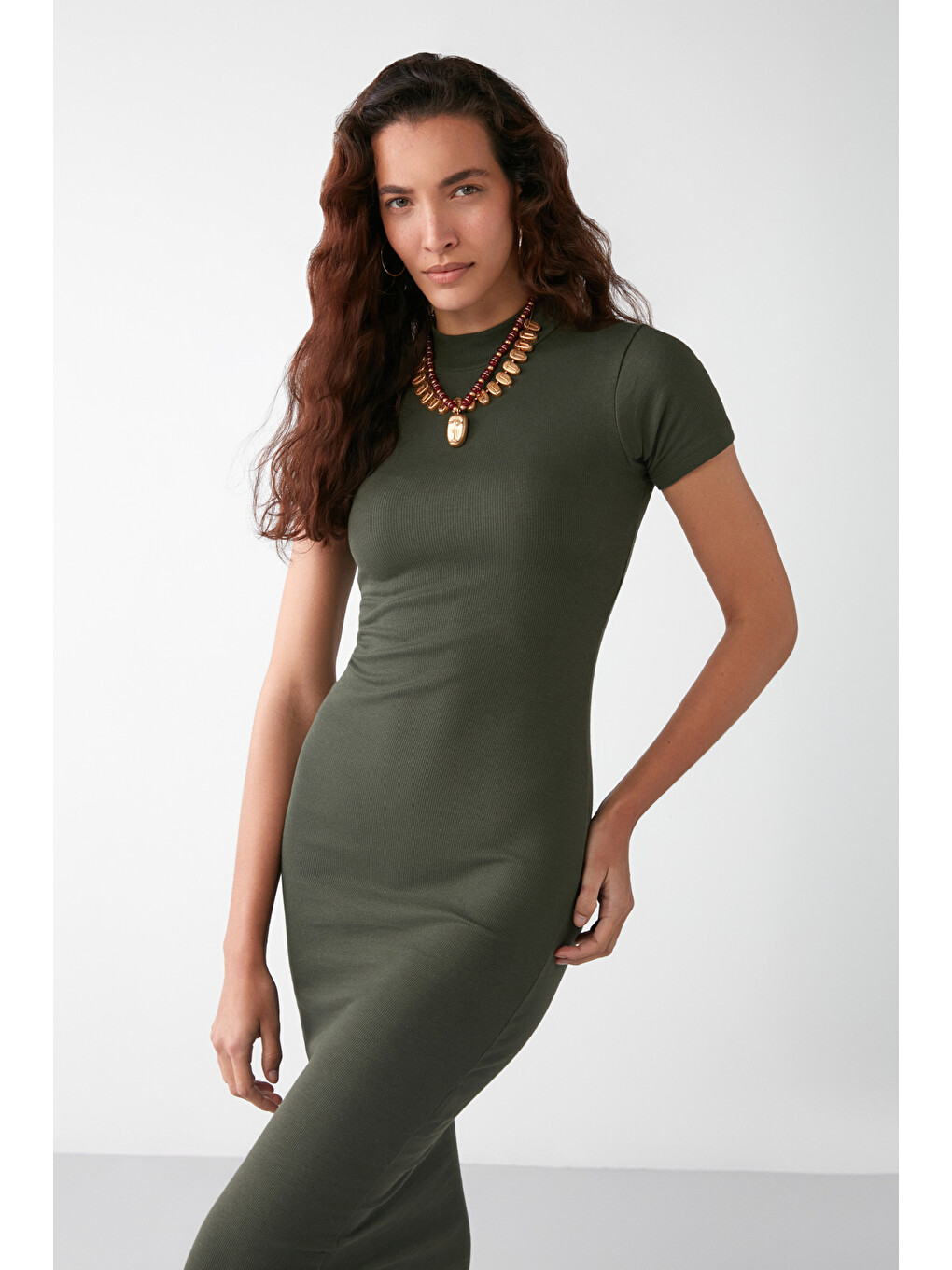 Layana Kadın Kapüşonlu Slim Fit Uzun Kollu Haki Elbise-1