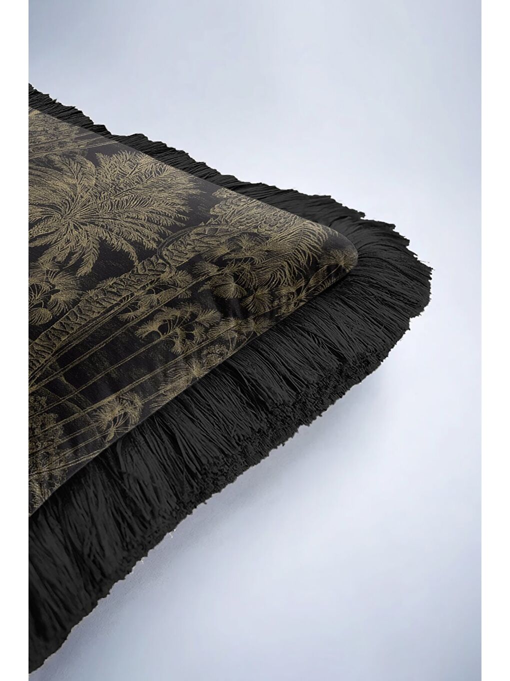 Karışık Palmiye Elegan Saçaklı Yastık Kılıfı - Tropikal Lüks Bohem Siyah Altın Renk Püsküllü Kırlent Kılıfı-6