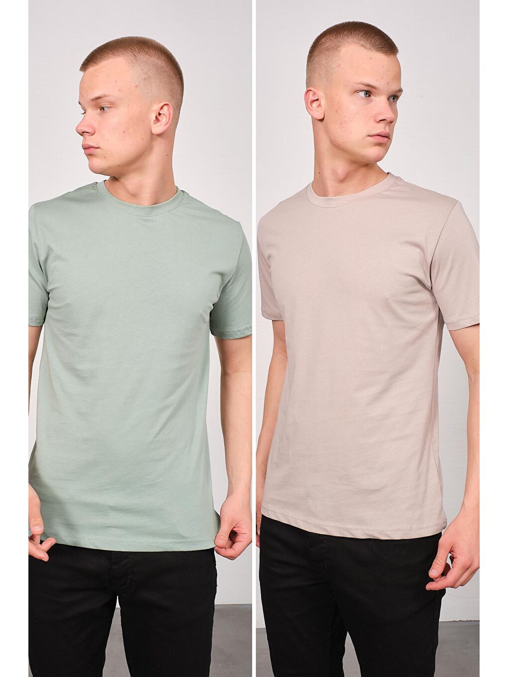 C&City Çağla Yeşili Erkek Bisiklet Yaka 2'li Regular Fit Basic T-Shirt 990 Çağla/Gri