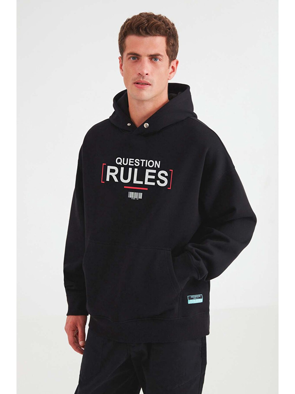 Mood Erkek İçi Polarlı Yazı Baskılı Yakası Çıtçıtlı Kapüşonlu Siyah Sweatshirt