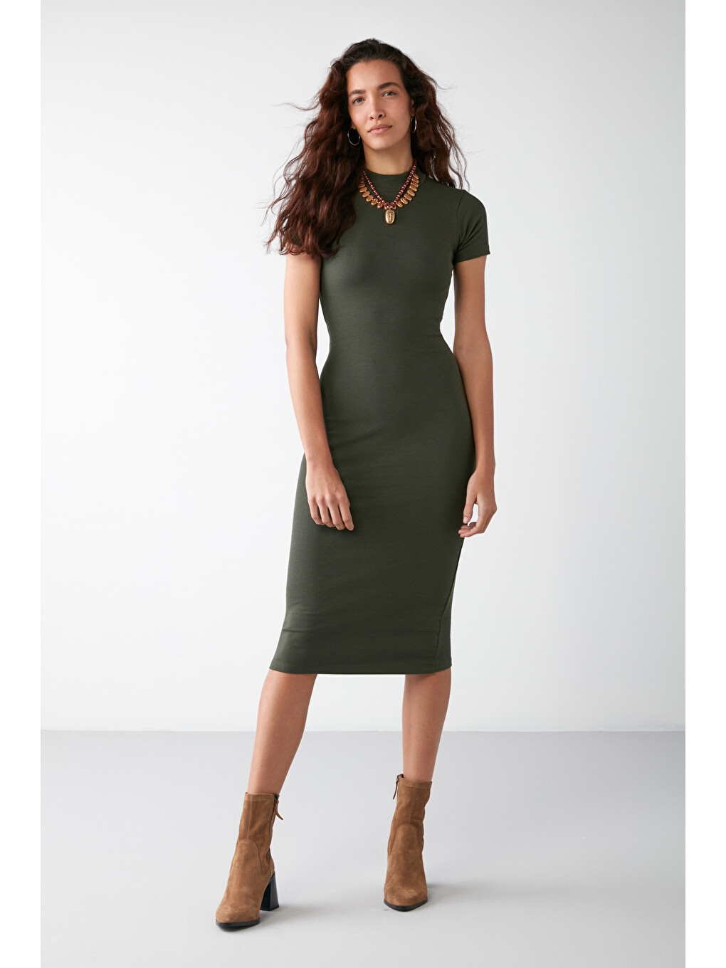Layana Kadın Kapüşonlu Slim Fit Uzun Kollu Haki Elbise-3