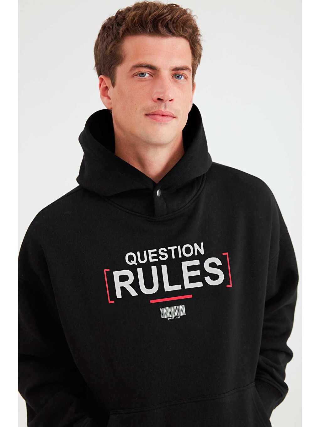 Mood Erkek İçi Polarlı Yazı Baskılı Yakası Çıtçıtlı Kapüşonlu Siyah Sweatshirt-1