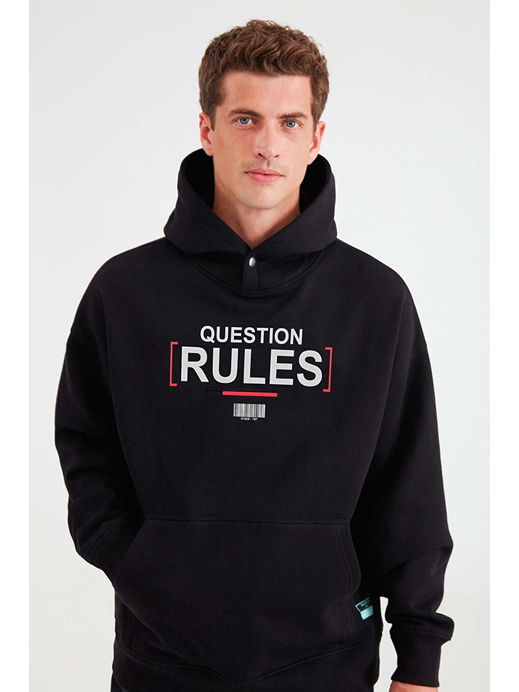 Mood Erkek İçi Polarlı Yazı Baskılı Yakası Çıtçıtlı Kapüşonlu Siyah Sweatshirt-2