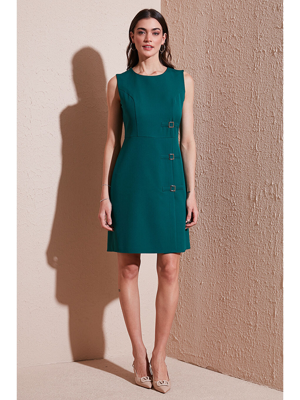 Yeşil Standart Fit Kemerli Bisiklet Yaka Mini Kadın Elbise 611El1964-1