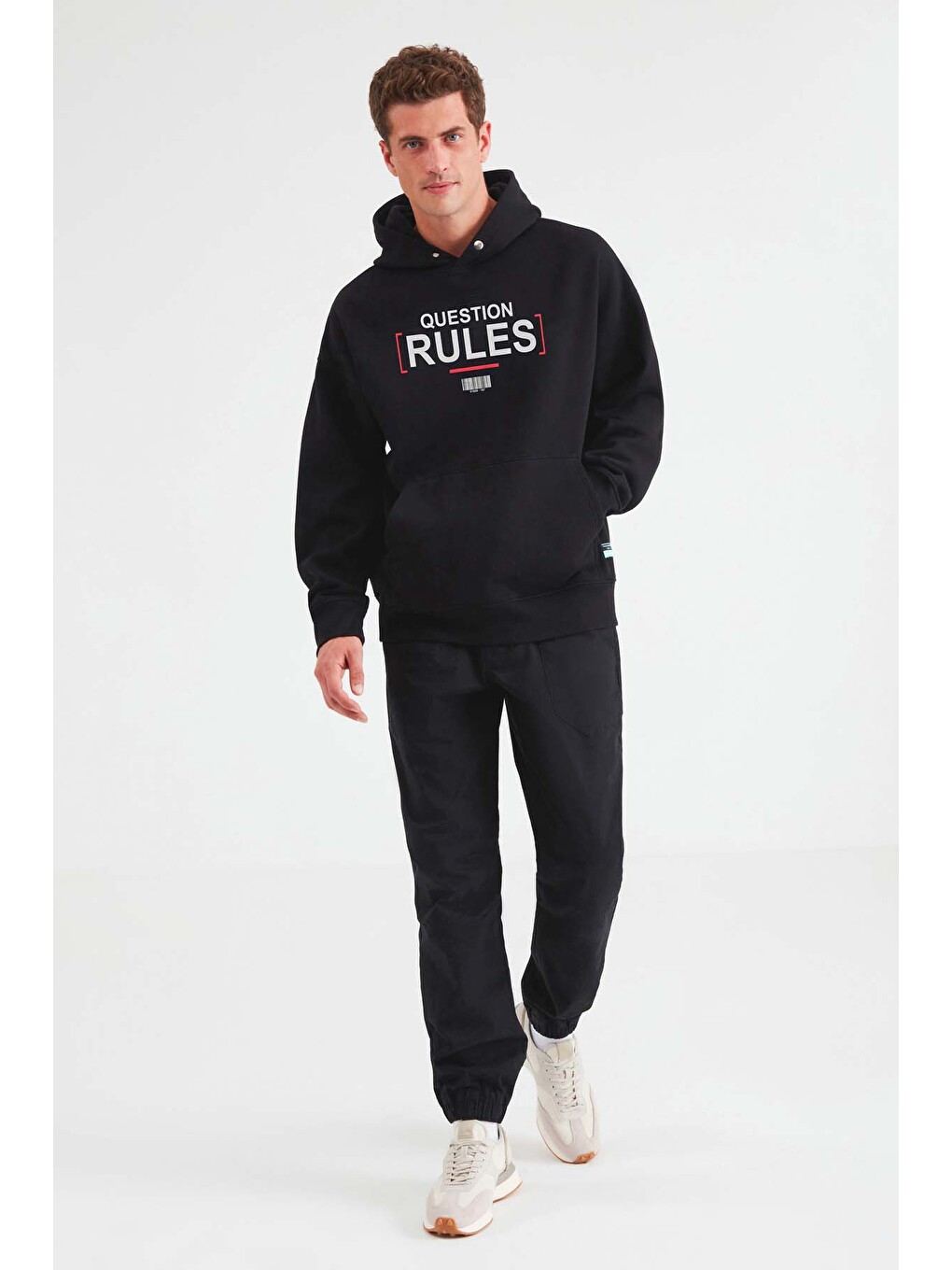 Mood Erkek İçi Polarlı Yazı Baskılı Yakası Çıtçıtlı Kapüşonlu Siyah Sweatshirt-3