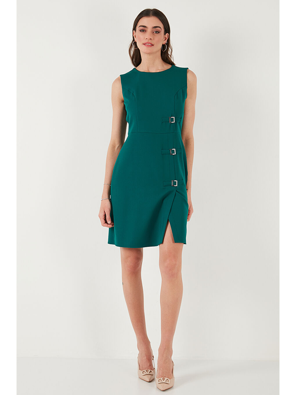 Yeşil Standart Fit Kemerli Bisiklet Yaka Mini Kadın Elbise 611El1964-2