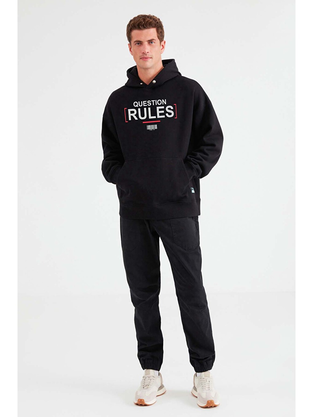 Mood Erkek İçi Polarlı Yazı Baskılı Yakası Çıtçıtlı Kapüşonlu Siyah Sweatshirt-4