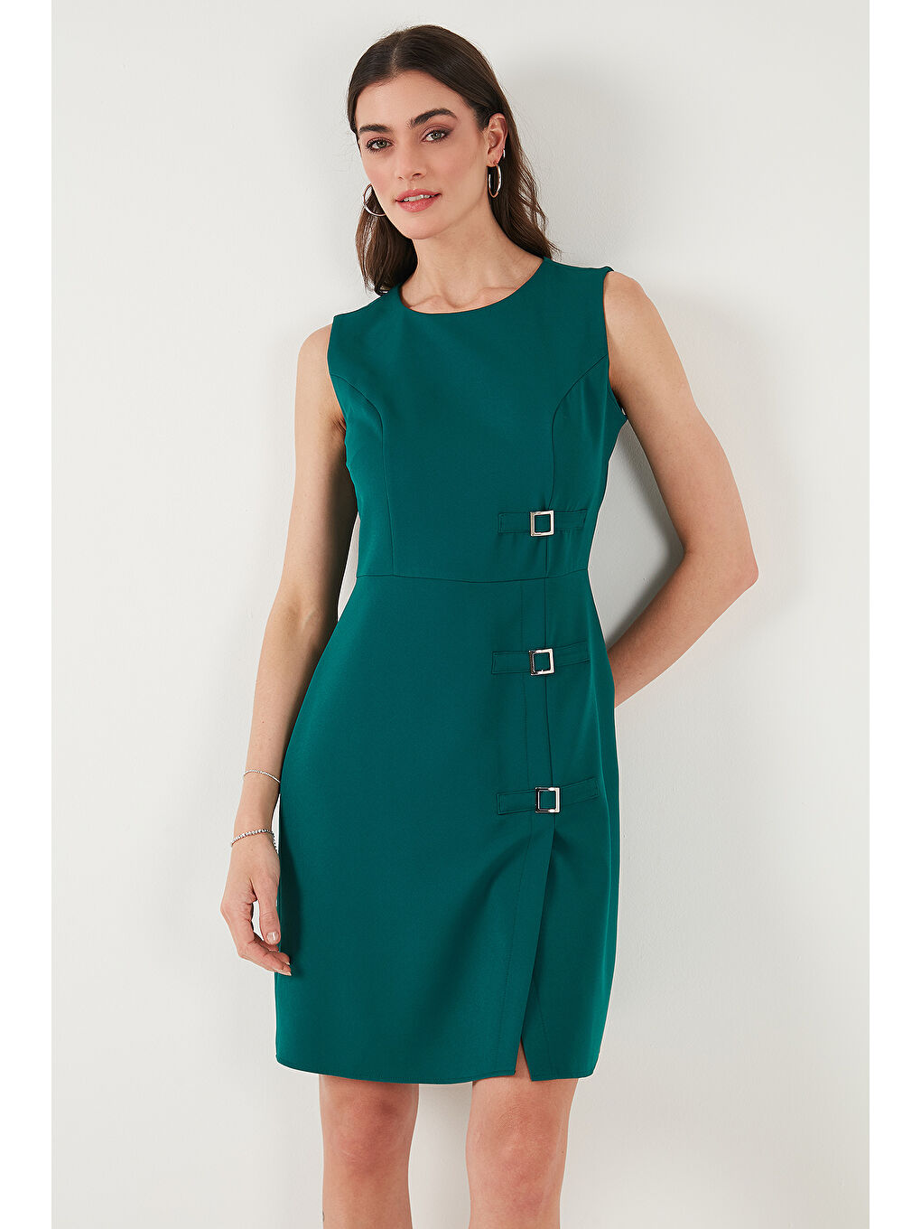 Yeşil Standart Fit Kemerli Bisiklet Yaka Mini Kadın Elbise 611El1964-3