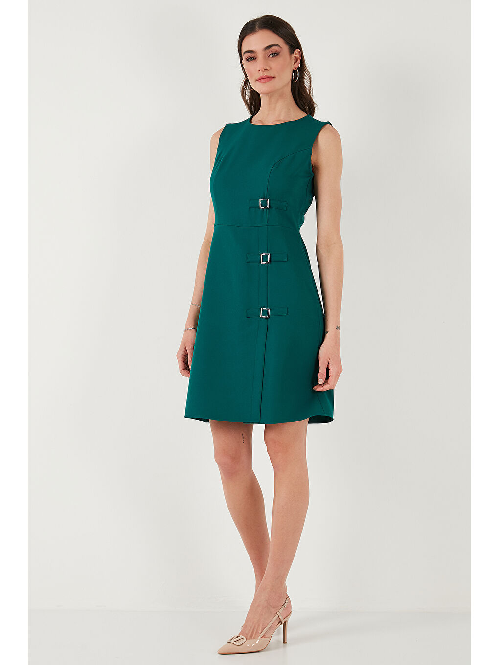 Yeşil Standart Fit Kemerli Bisiklet Yaka Mini Kadın Elbise 611El1964-5