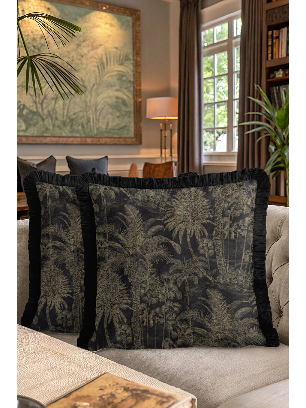 Karışık Palmiye Elegan Saçaklı Yastık Kılıfı - Tropikal Lüks Bohem Siyah Altın Renk Püsküllü Kırlent Kılıfı-7
