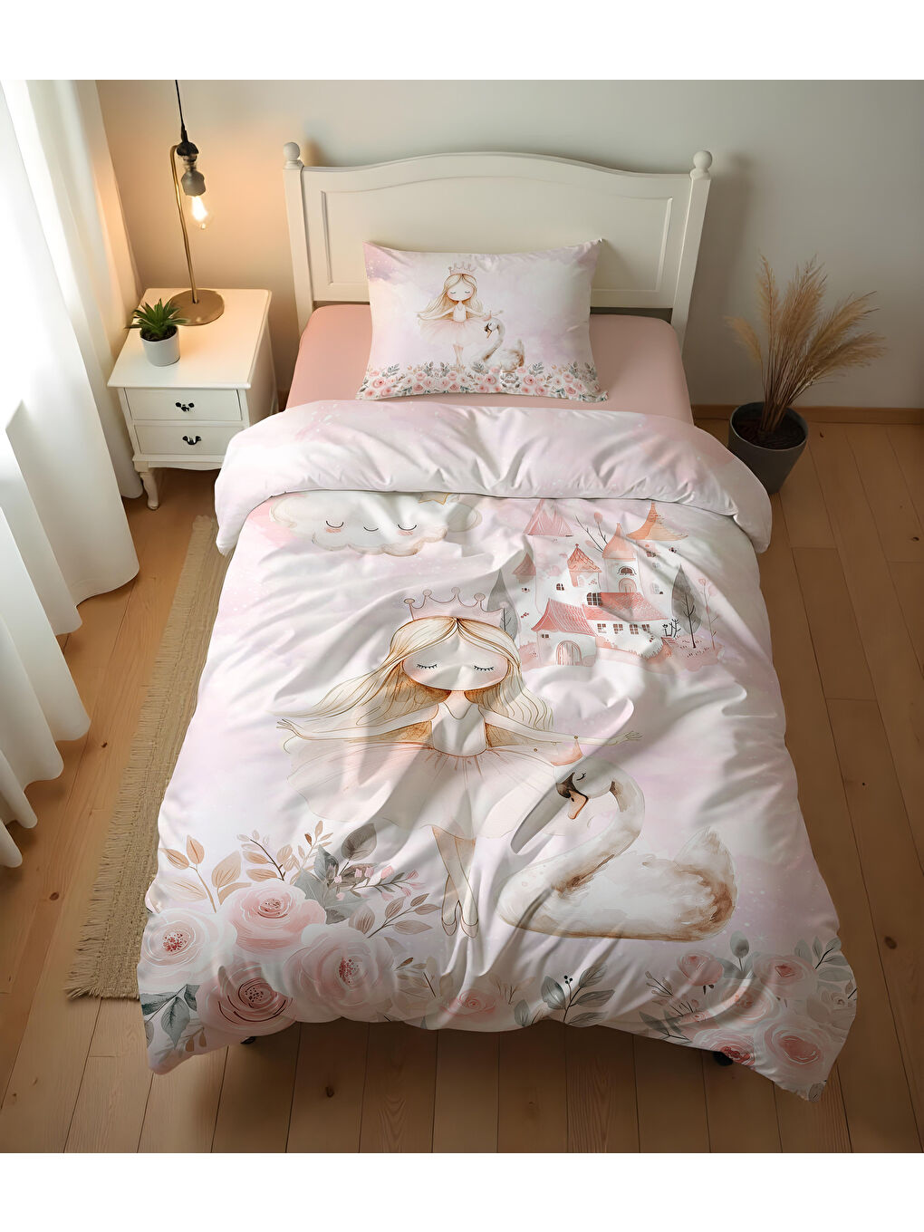 Karışık Masal Prensesi Kuğu Desenli Çarşafsız 2'li Takım Baskılı Tek Kişilik Nevresim Takımı 160x220 cm-2
