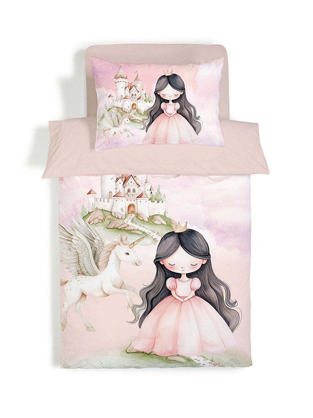 Karışık Masal Prensesi Desenli Çarşafsız 2'li Takım Baskılı Tek Kişilik Nevresim Takımı 160x220 cm-1