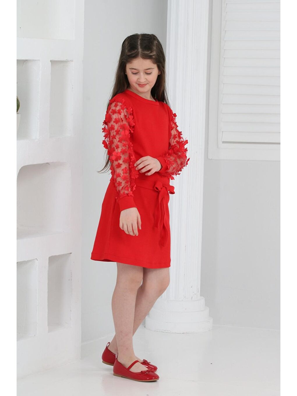 Kırmızı Kız Çocuk Daisy Krep Elbise MNK0606