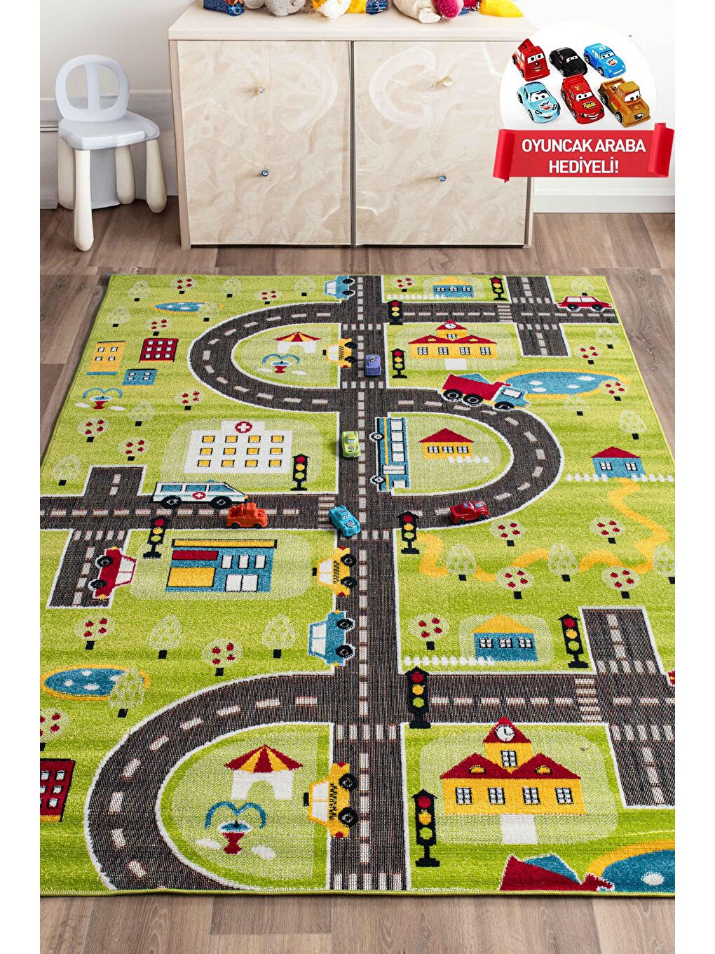 3 Boyutlu Yeşil Trafik Arabalı Dokuma Çocuk Oyun Halısı-140x200