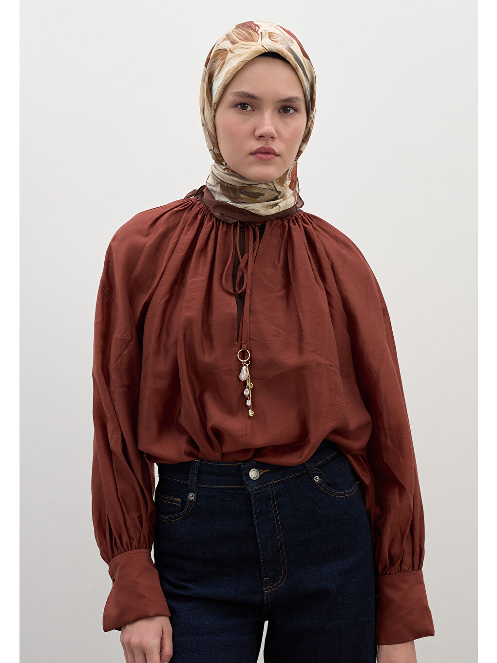 Kahverengi Vanılla Blossom Desen Pamuklu Viskon Eşarp Sıcak Kahve