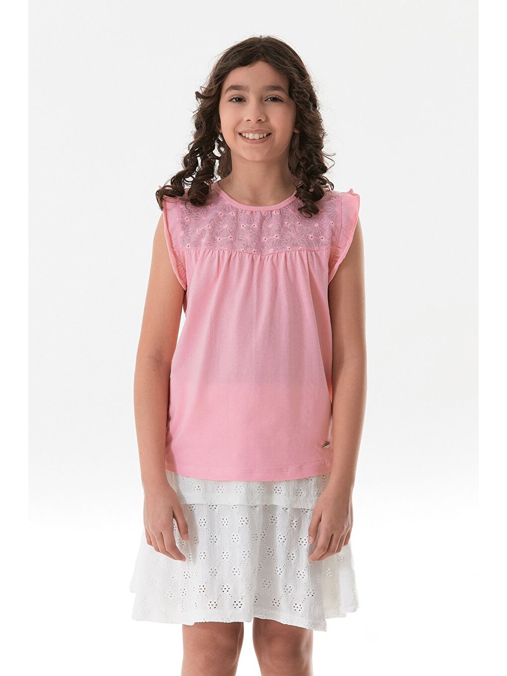 Pembe Kolu Fırfırlı Çiçek Nakışlı Kız Çocuk Bluz-1