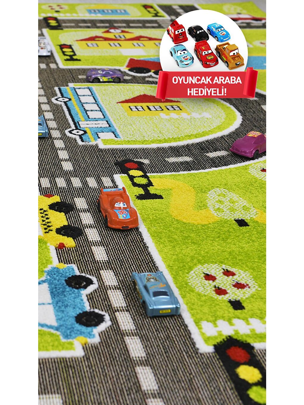 3 Boyutlu Yeşil Trafik Arabalı Dokuma Çocuk Oyun Halısı-140x200-1